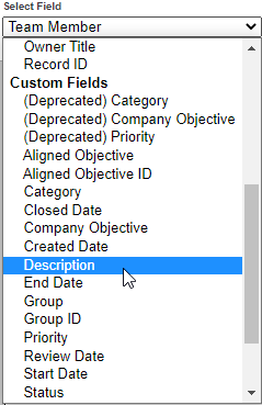 Screenshot: The Select Field picklist for choosing a Merge field from the Enhanced Objective object