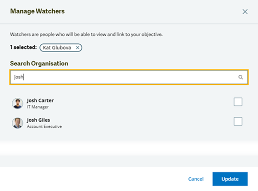 Screenshot: Two search results for a search in the Manage Watchers screen