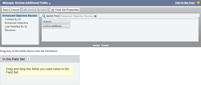 Screenshot: Field Set edit page for the Manager Review Additional Fields Field Set