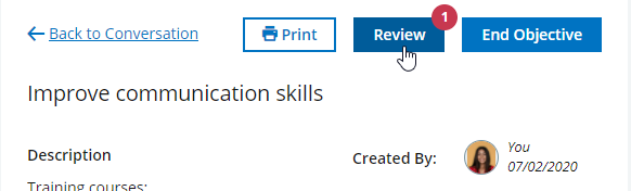 Screenshot: Red circle on the Review button indicating the Objective requires a review