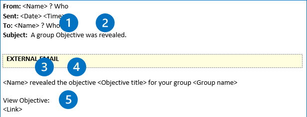 Annotated screenshot of an example Group objective reveal email