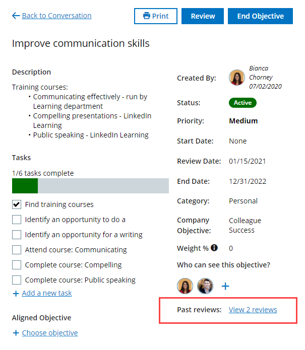 Screenshot: Past reviews section in the Objective details