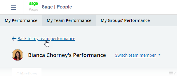 Screenshot: Selecting Back to my team performance link on a Team Members Performance page