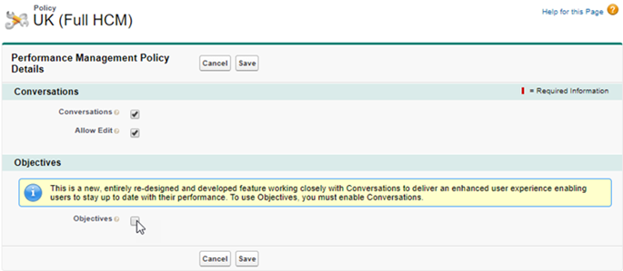 Performance Management tab of the Policy page in Edit mode, pointing to Objectives checkbox