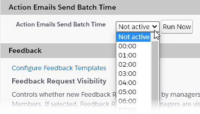 Screenshot: Action Emails Send Batch Time section with the picklist selected