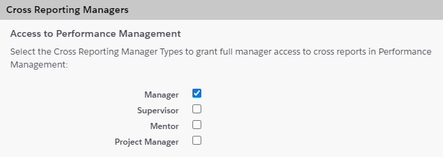 Screenshot: Cross Reporting Managers section in the Performance Management package configuration page