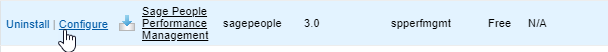 The hand cursor pointing to the Configure link for the Performance Management package on the Installed Packages page