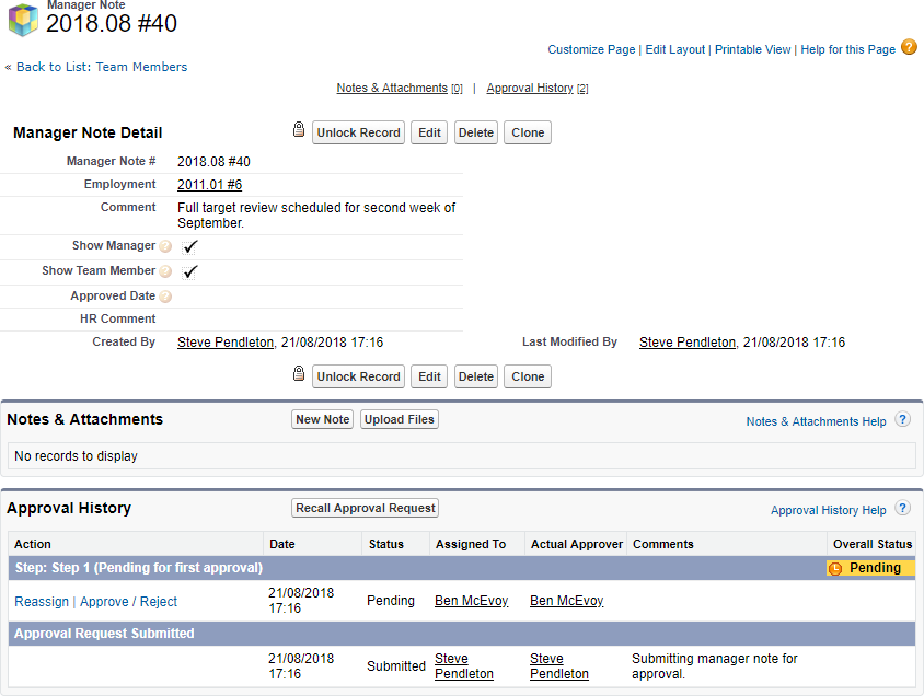 Screenshot: Manager Note detail page