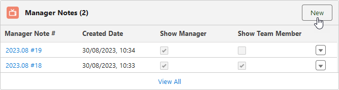 Screenshot showing manager notes related list with new button selected