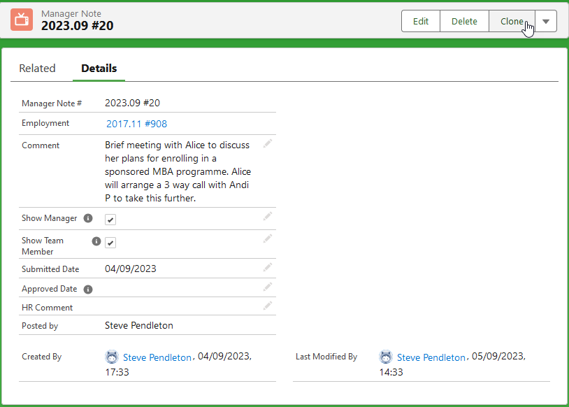 Screenshot showing manager notes detail view with clone button selected
