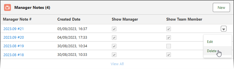 Screenshot showing manager notes related list with delete button selected