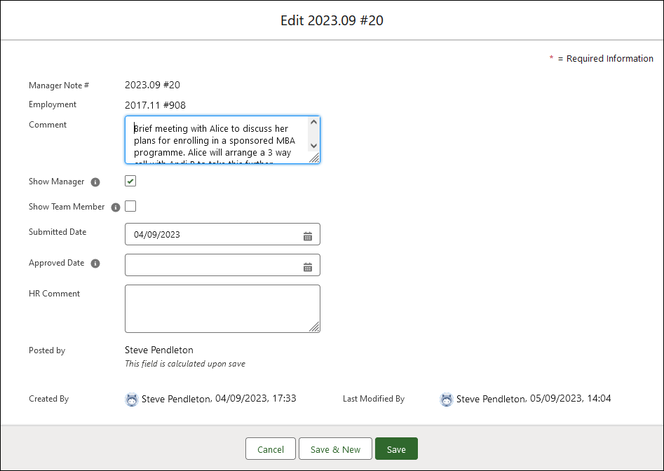 Screenshot showing manager notes edit dialog for an existing note