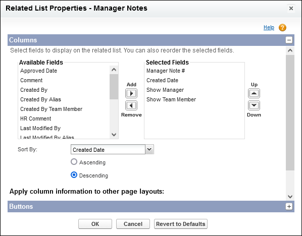 Screenshot showing manager notes related list properties dialog 