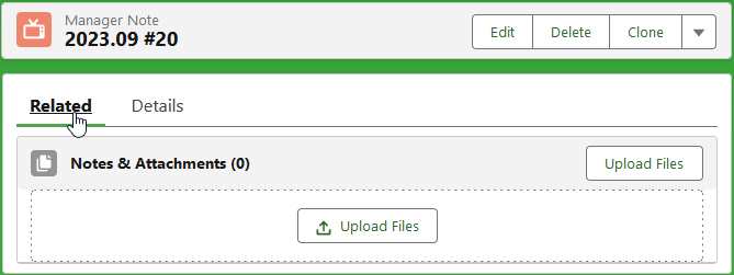 Screenshot showing a manager note detail view with related tab selected