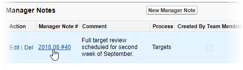 Screenshot: List of Manager Notes with the cursor on a Manager Note number