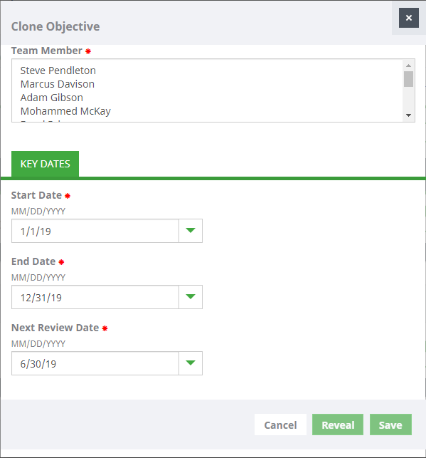 Screenshot: Clone Objective view for multiple Team Members