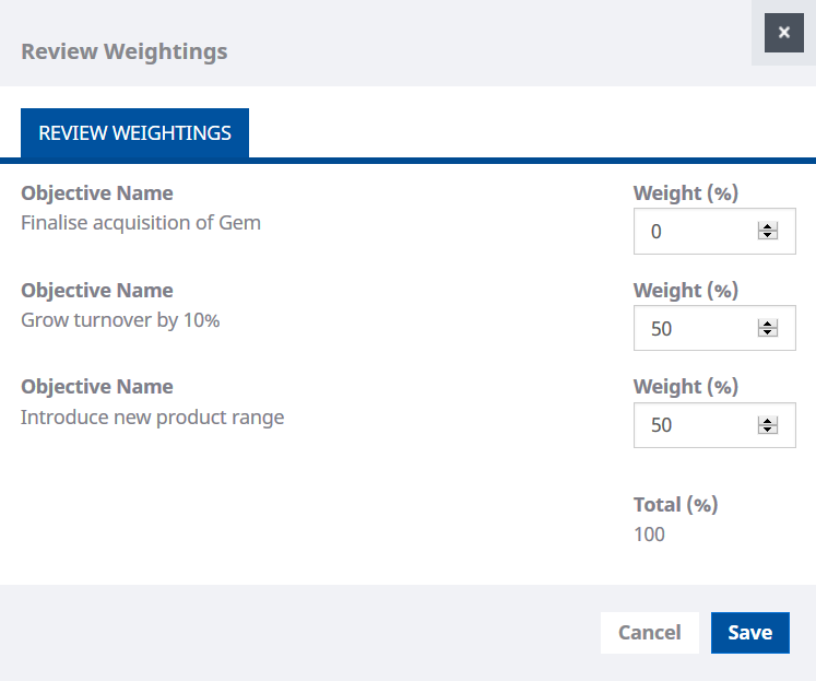 Screenshot: Review Weightings view for a Manager