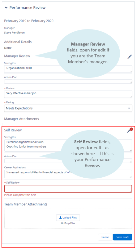 Screenshot of Performance Review details on Performance Overview with annotations identifying Team Member and Manager fields