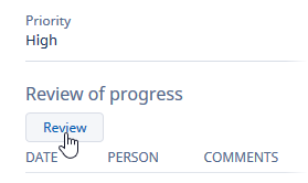 Screenshot: Review button for an Objective on the Performance Overview page