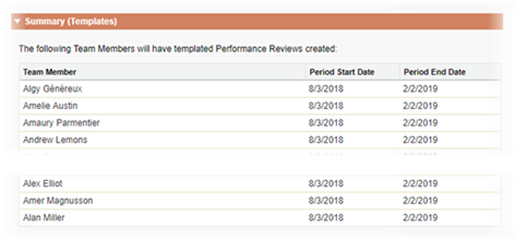 Screenshot: Summary (Templates) section on bulk Performance Review page