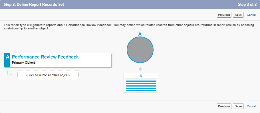 Screenshot: Step 2. Define Report Records Set, with Performance Review Feedback as the primary object