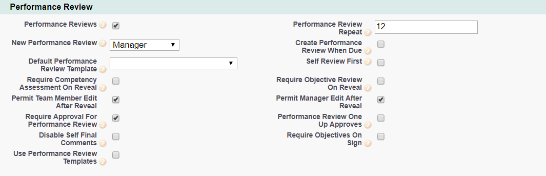 Screenshot: Performance Review Policy Options