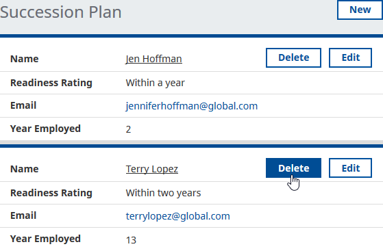 Screenshot: Delete button next to a successor in the Succession Plan