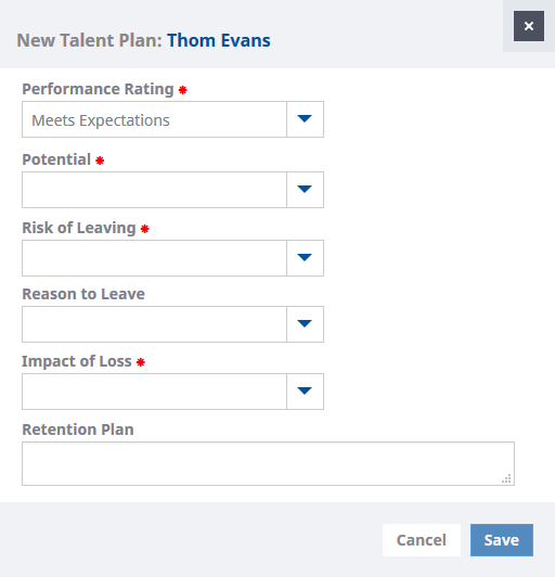 Screenshot: Blank New Talent Plan for a Team Member