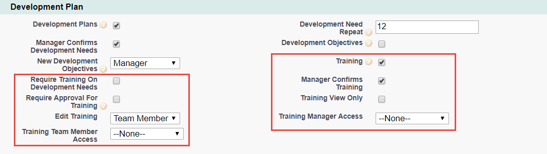 Screenshot: Policy Options for Training (in the Development Plan section on the Policy page)