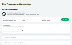 Screenshot: Performance Overview for a team member, with self review ready to edit