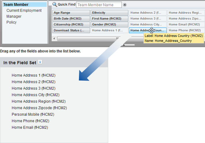 Annotated screenshot: Dragging and dropping a field into a field set