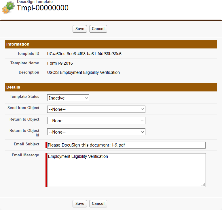 Screenshot: Edit page for a DocuSign Template