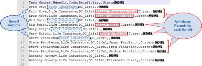 Annotated screenshot: Resulting team member listing with beneficiaries