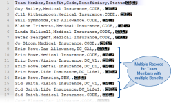 Annotated screenshot: Grouping by benefit can create multiple records per employee