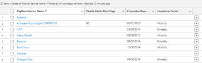 Screenshot: Payflew Services list view with Delete Batch After Days column