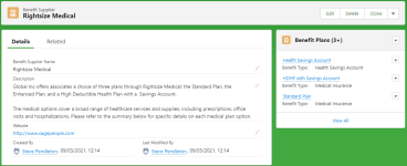 Screenshot: Benefit supplier detail page with Benefit Plans related list