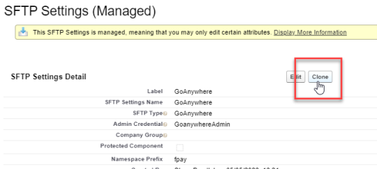Screenshot: clone SFTP Settings record