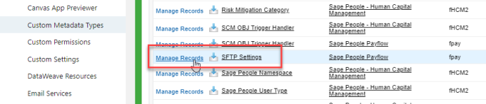 Screenshot: MAnage Records for SFTP Settings