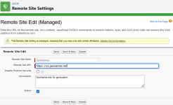 Screenshot showing remote site settings edit page for geonames, with remote site URL updated