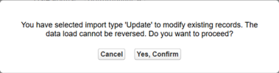 Screenshot: Confirmation message for the Update import type