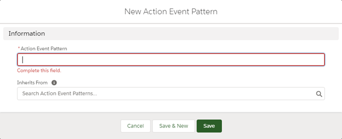 Screenshot: New Action Event Pattern in Salesforce Lignting Experience