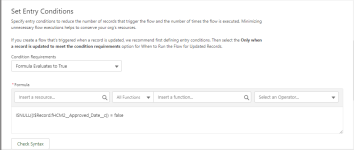 Screenshot: Set Entry Conditions section with an entry condition formula for non-blank Approval Dates