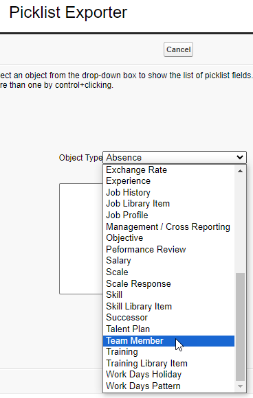 Screenshot: Selecting the object in Picklist Exporter