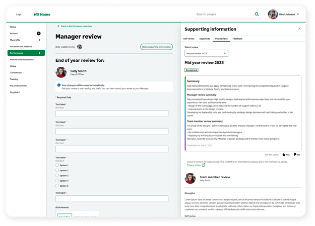 An AI-generated performance review summary with feedback option.