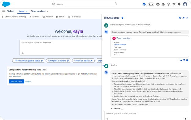 HR Assistnat anwering an eligibility question using team member data and polciy content. Sources show.