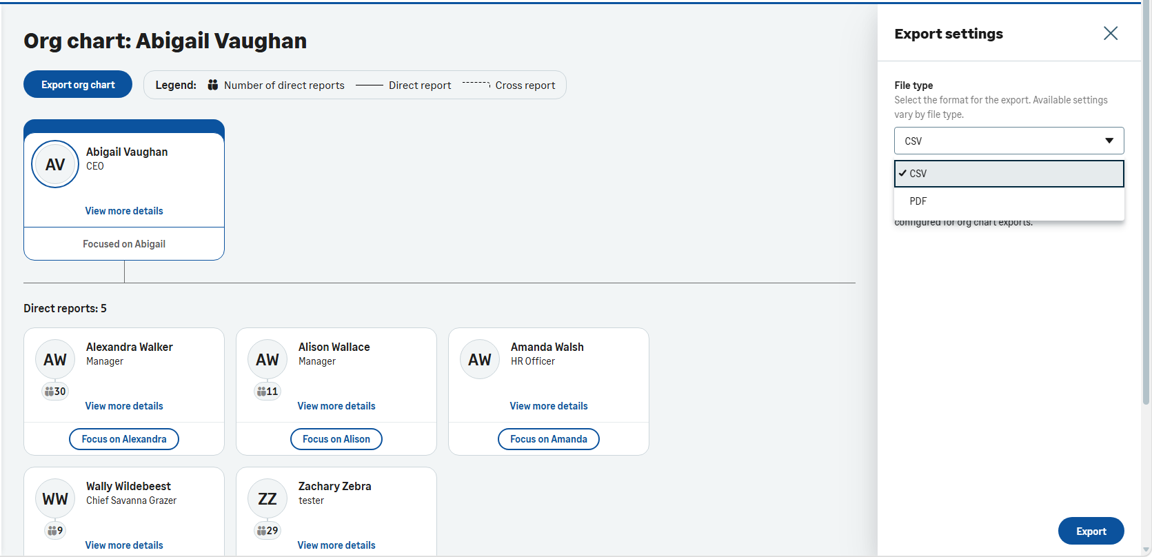 PDF and CSV options in the Org Chart export.
