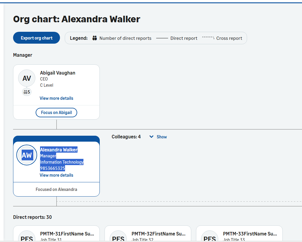 Top three fields display in the Org chart cards.