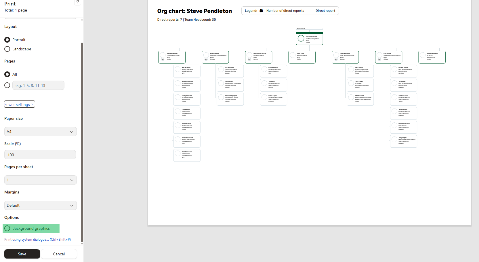 Background graphics option in export settings for Org chart.
