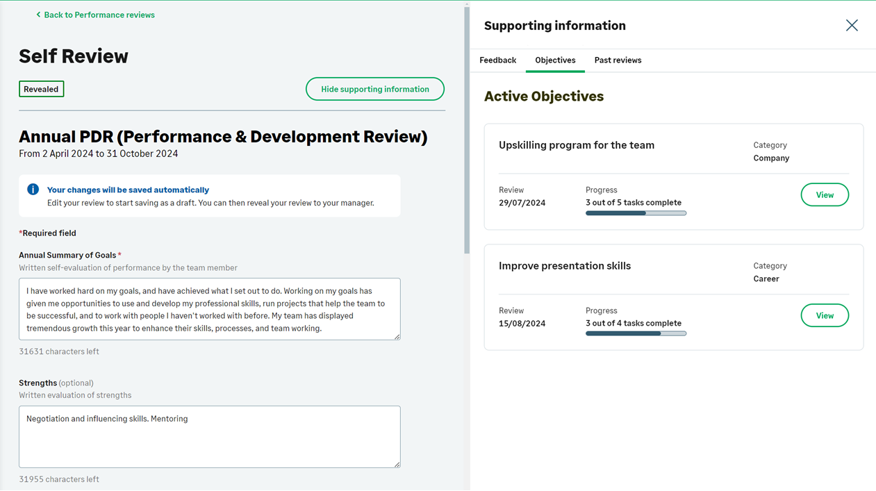 Screenshot: Supporting information sidebar on a team member's self review page