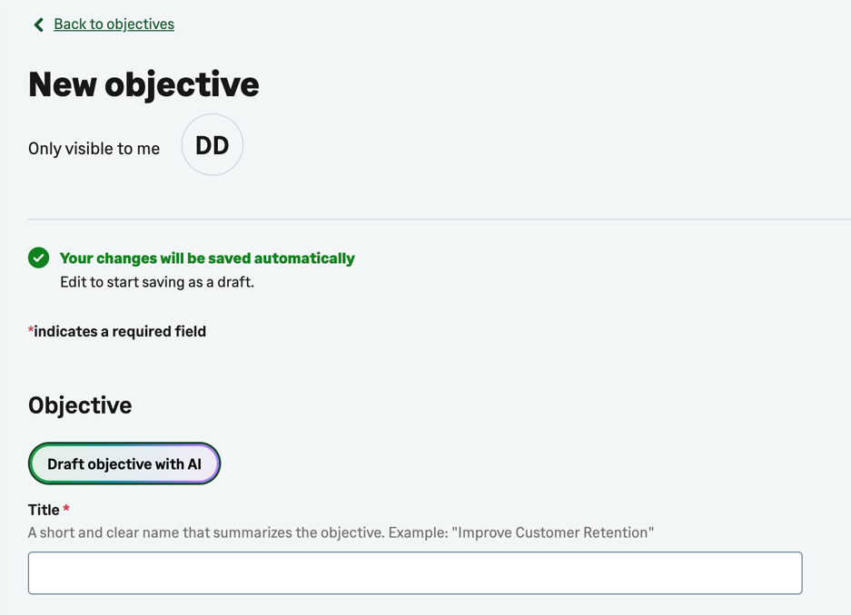 A new objective page giving the option to draft with AI.